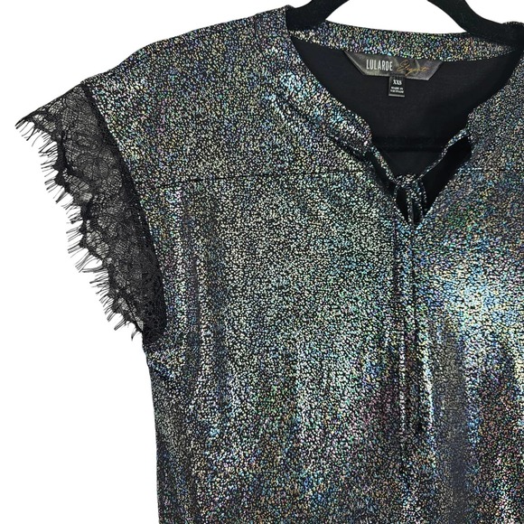 LuLaRoe Tops - Lularoe Elegant Grace Womens XXS Black Iridescent Sparkle Lace Cap Sleeve NEW